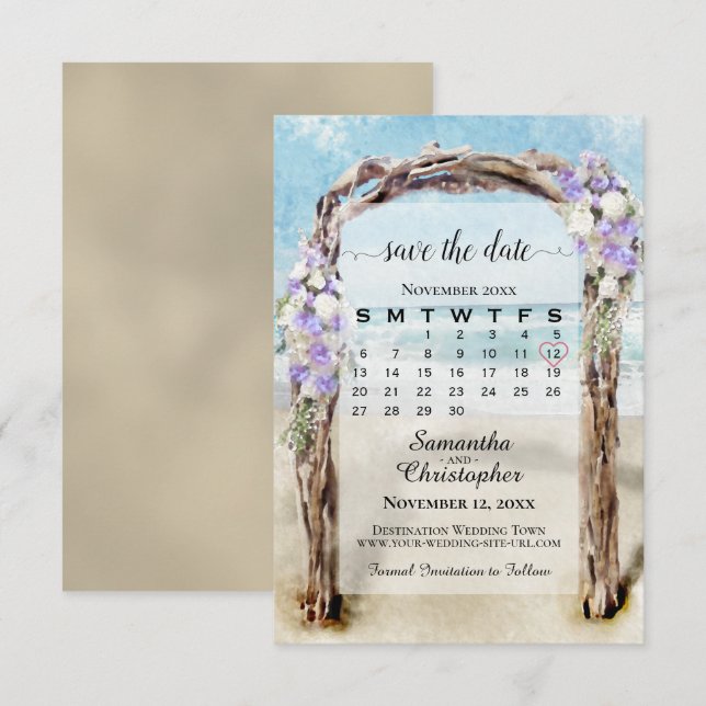 Reserve A Data Arbusto Floral de Lavanda na Praia & Calendário Ca (Frente/Verso)