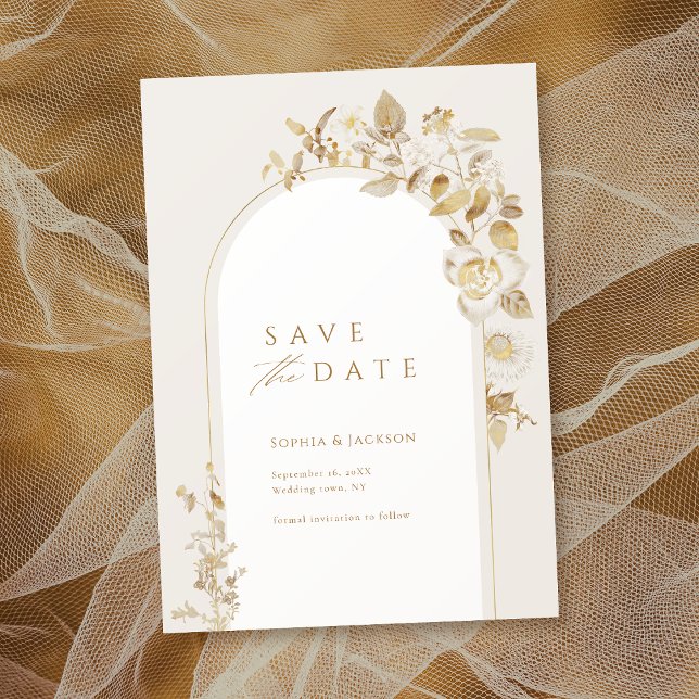 Reserve A Data Arca Dourada Botânica Floral Elegante (Elegant Gold Botanical Floral Arch Save The Date)