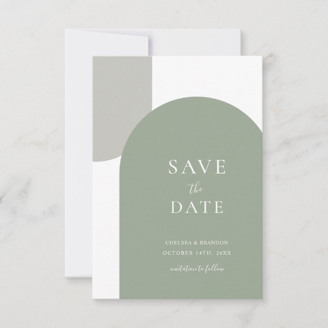 Reserve A Data Arco Boho Verde Sage Minimal Rótulo Formal de Casa (Frente)