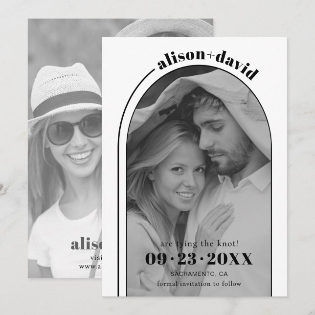Reserve A Data Arco branco preto moderno e casamento fotográfico (Frente/Verso)