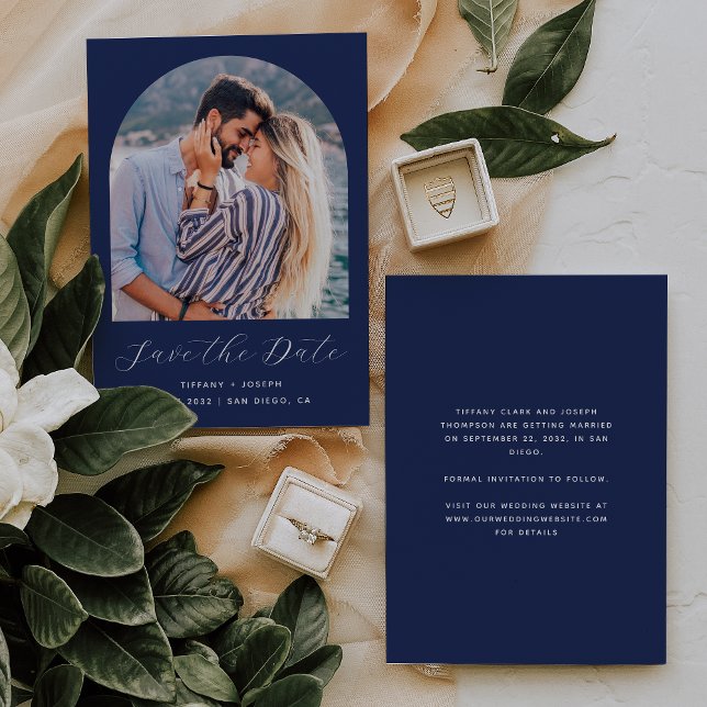 Reserve A Data Arco de Foto Boho Mínimo Azul Marinho Roscrito (Criador carregado)