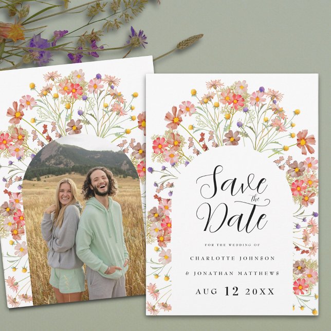 Reserve A Data Arco de Foto Floral Boho Casamento (Boho rustic Wildflower floral arch photo Wedding save the date invitation Elegant script)