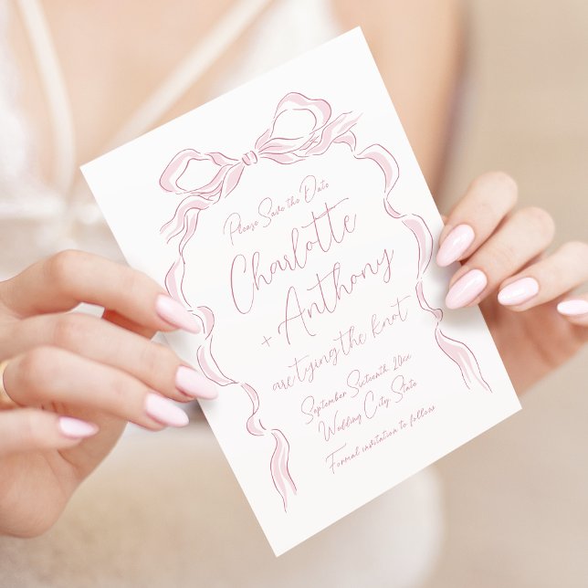 Reserve A Data Arco De Mão Rosa Elegante Pastel (Elegant Pastel Pink Hand Drawn Bow Save The Date)