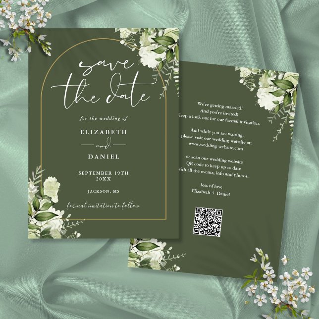 Reserve A Data Arco Dourado com Verde Oliva QR Code Casamento (Olive Green Greenery Gold Arch QR Code Wedding Save The Date)