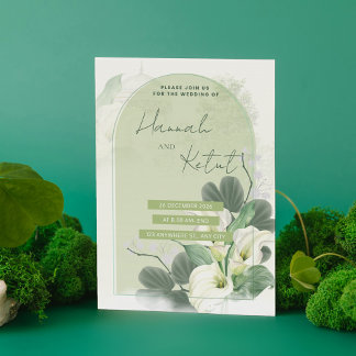 Reserve A Data Arco Elegante Verde Sage e Floral Aquarela Branco