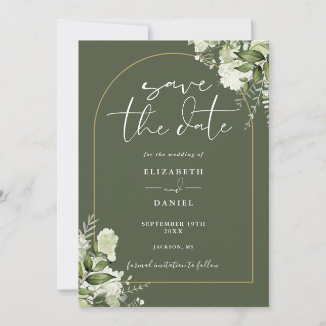 Reserve A Data Arco Floral Verde Oliva Dourado Casamento (Frente)