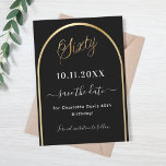 Reserve A Data Arco preto de ouro, 60 anos<br><div class="desc">A Save the Date card for a 60th festa de aniversário. Um fundo preto,  decorado com um arco de ouro falso. Personalize e adicione uma data e seu nome. O texto: Sessenta e Salvar a Data é escrito com um script de estilo com letra de tendência grande.</div>