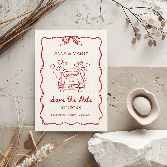 Reserve A Data Arco Vermelho Única Mão Desenhada Retro para Carro (Hand-drawn Quirky Funky Vintage Retro Whimsical Red Scribble Doodle Wedding Save the Date)
