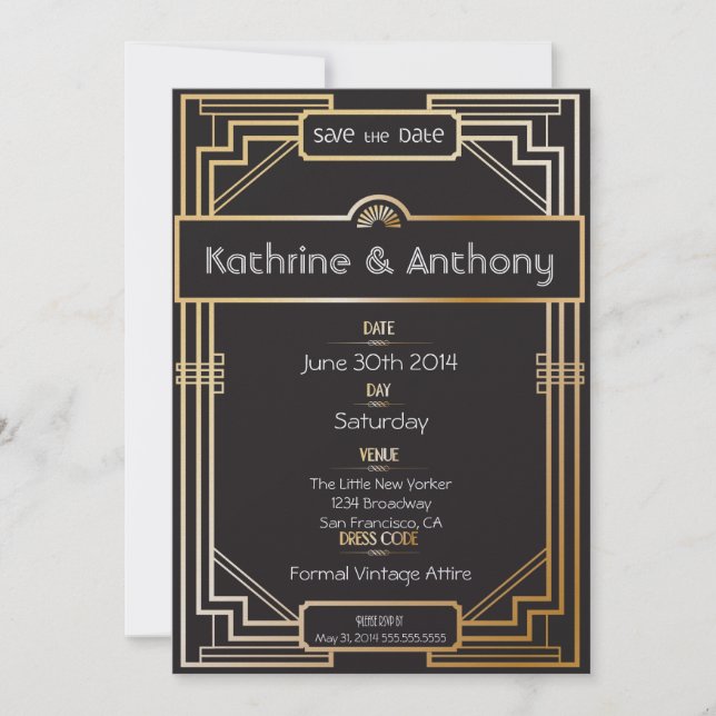 Reserve A Data Art Deco Black and Dourado Gatsby Save Date (Arte  (Frente)