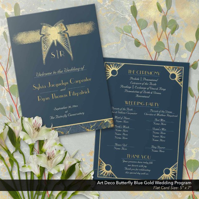 Reserve A Data Art Deco Borboleta Azul Dourado Casamento (Art Deco Butterfly Navy Blue and Antique Gold Wedding Ceremony Program: 5" x 7" Flat Card)