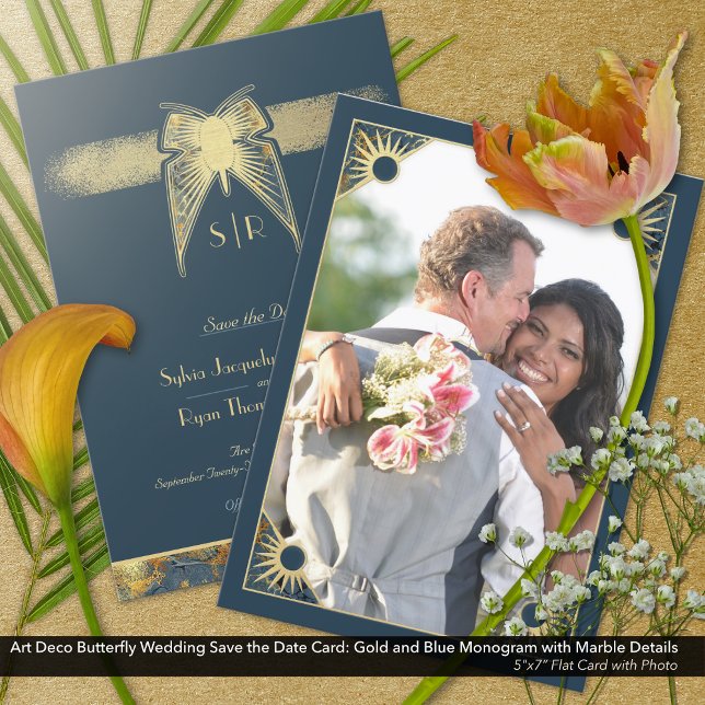 Reserve A Data Art Deco Borboleta Monograma Foto Azul Dourado (Art Deco Butterfly Save the Date Card with Monogram: Photo Card)