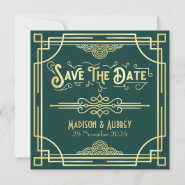 Reserve A Data Art Deco Wedding Elegante Dourado Verde