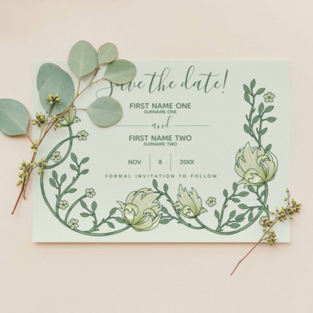 Reserve A Data Art Nouveau Botânico, bonito script (Pretty art nouveau save the date, green flowers vines on a light background.)