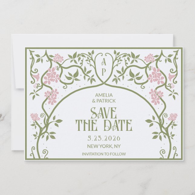 Reserve A Data Art Nouveau Casamento Floral Verde e Rosa (Frente)