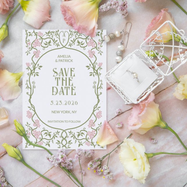 Reserve A Data Art Nouveau Casamento Floral Verde e Rosa (Criador carregado)