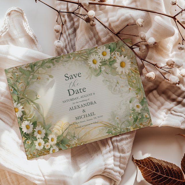 Reserve A Data Art Nouveau Daisies Ivory Green Casamento Salvar D (Criador carregado)