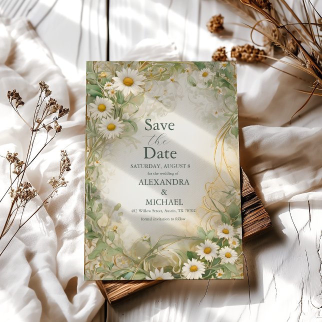 Reserve A Data Art Nouveau Daisies Ivory Green Wedding (Criador carregado)