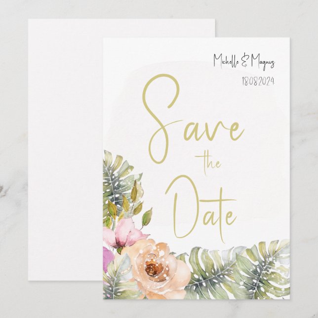 Reserve A Data Arte Aquarelado Floral Boho Monstera Tropical (Frente/Verso)