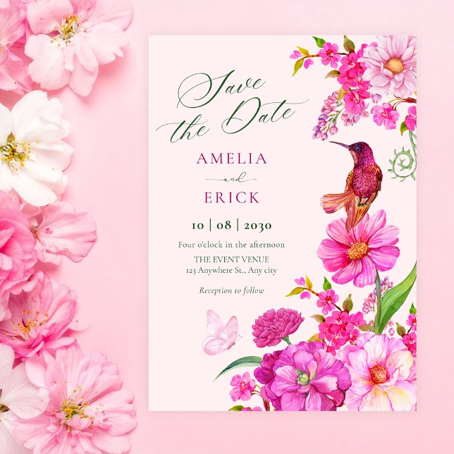 Reserve A Data arte de beija-flor de casamento de flor rosa (Criador carregado)