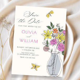 Reserve A Data Arte de buquê de flores minimalista casamento