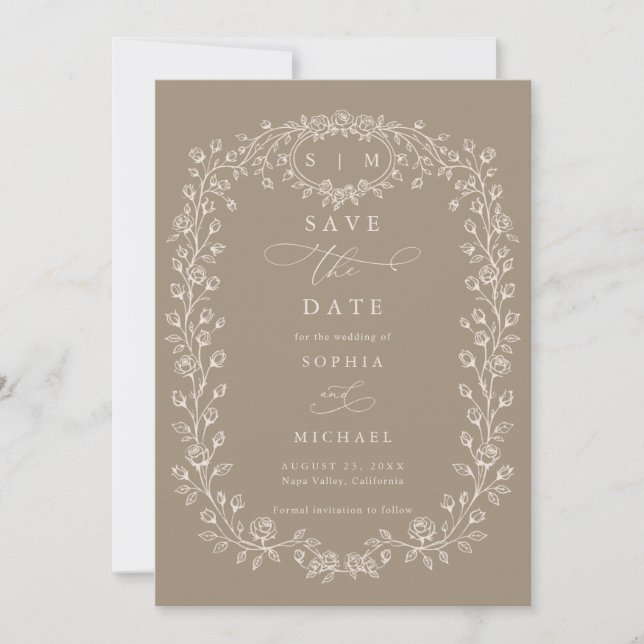 Reserve A Data Arte de linha floral bege e Taupe  (Frente)