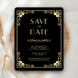 Reserve A Data Arte Deco Vintage Foto de Casamento Preto e Dourad