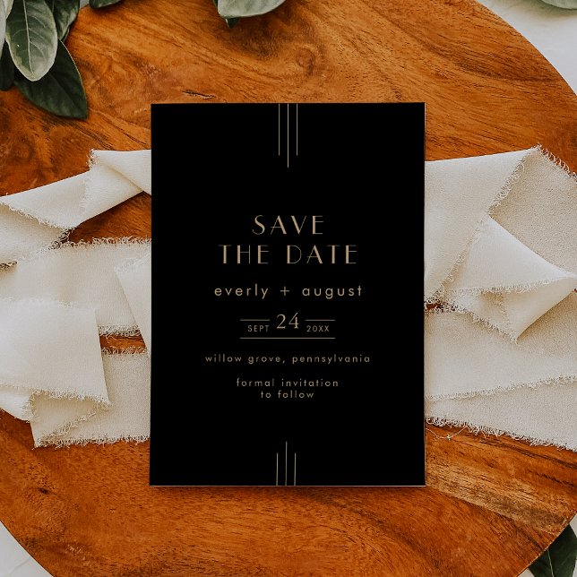 Reserve A Data Arte Elegante Deco Negra e Dourada Casamento (EVERLY Elegant Art Deco Black and Gold Wedding Save The Date)