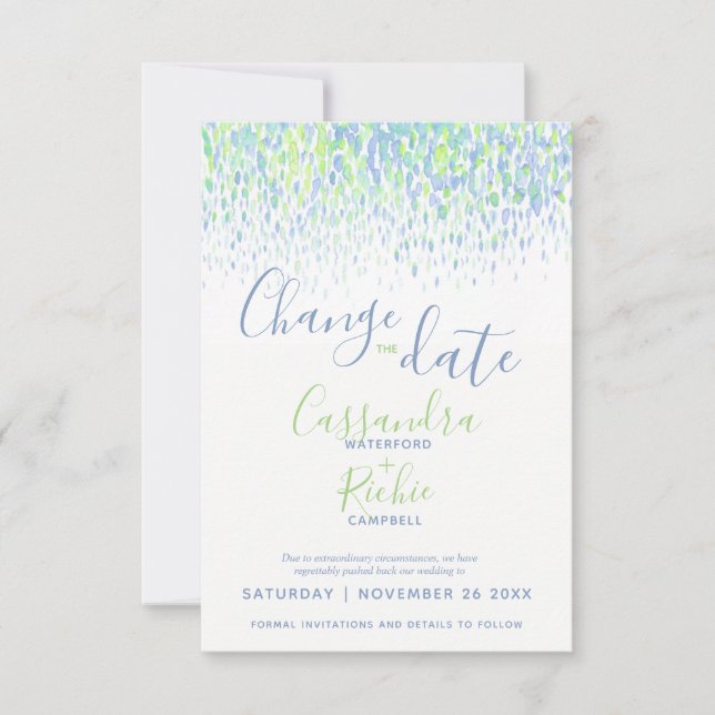 Reserve A Data Arte moderna azul verde muda a data do casamento (Frente)