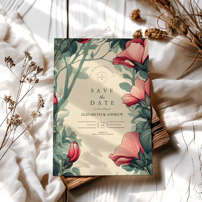 Reserve A Data Arte Nova Floral Verde Dourado Casamento (Criador carregado)