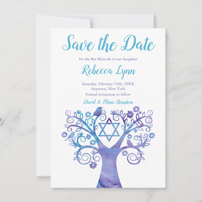 Reserve A Data Árvore de Aquarela de Teal Roxo Bat Mitzvah (Frente)