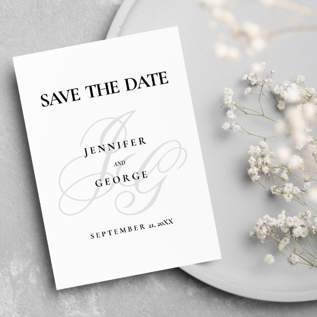 Reserve A Data As iniciais do monograma chic são em branco preto  (Chic monogram initials black white Save The Date)