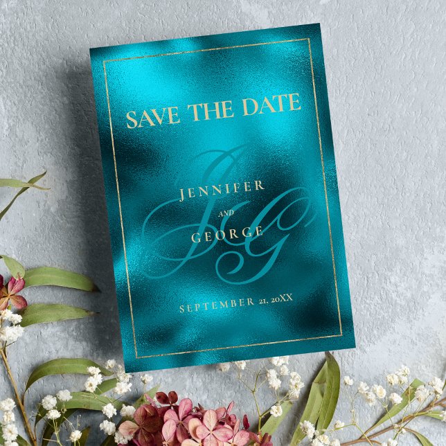 Reserve A Data As iniciais do monograma metálico turquesa salvam  (Turquoise metallic monogram initials Save The Date)