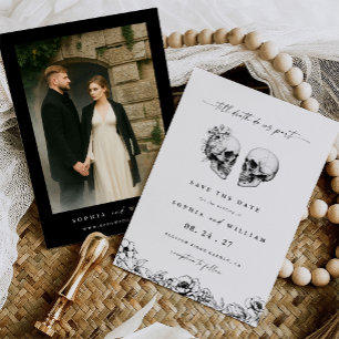 Reserve A Data Até a Morte Crânio Gótico Floral Foto Casamento