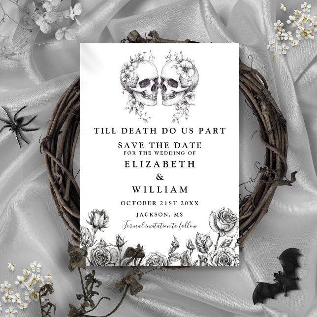 Reserve A Data Até que a Morte Casamento Floral de Caveiras Gótic (Till Death Gothic Skulls Floral Wedding Save The Date)