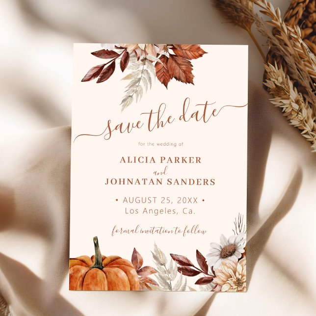 Reserve A Data Autumn fall boho foliage terracotta cream wedding (Criador carregado)