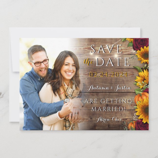 Reserve A Data Autumn Floral Sunflower Rustic Photo Save the Date (Frente)