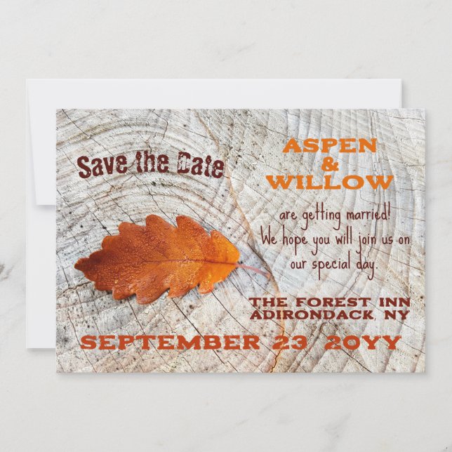 Reserve A Data Autumn Leaf Rustic Wood Flat Save The Date Card (Frente)