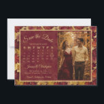 Reserve A Data Autumn Leaves Burgundy Calendar & Photo Wedding<br><div class="desc">These beautiful boho chic floral wedding save the date cards feature your photo and a customizable calendar on a watercolor background painting of autumn leaves in shades of burgundy and gold. The caption reads: Save the Date in elegant script lettering, and there is a cute romantic heart that you can...</div>
