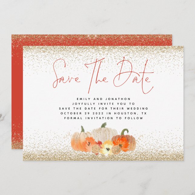 Reserve A Data Autumn Pumpkins Dourado Glitter Código QR Casament (Frente/Verso)