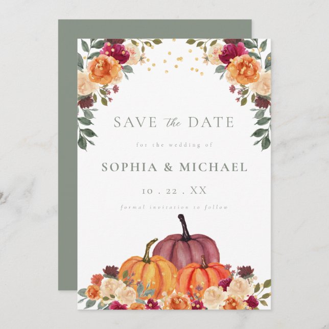 Reserve A Data Autumn Pumpkins Fall Florals Salvar a Data (Frente/Verso)