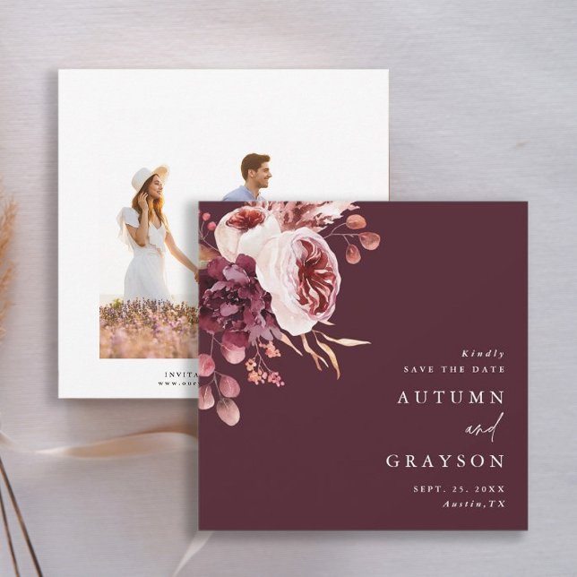 Reserve A Data Autumn Romance Burgundy Foto de Casamento (Front & Back)