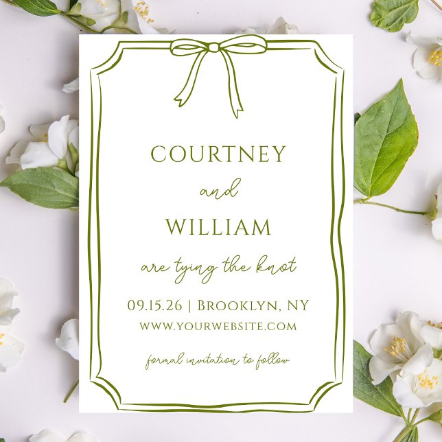 Reserve A Data Azeite De Arco Elegante E Casando Desenhado (Customize this minimalist olive green invitation, ideal for classic weddings with a natural touch.)