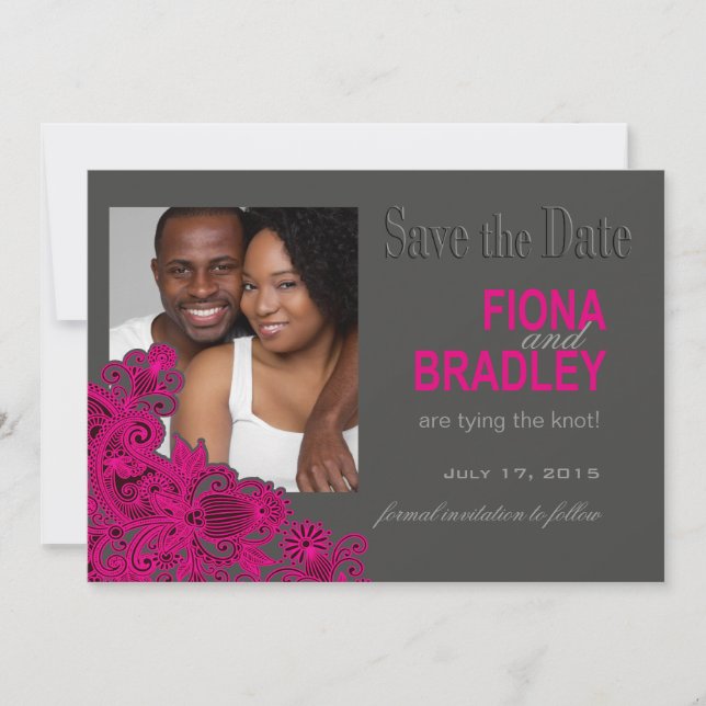 Reserve A Data Aztec Paisley Photo Save the Date fuschia (Frente)