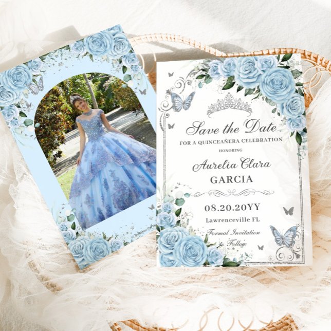 Reserve A Data Azul-azul-claro Doce Floral 16 Quinceañera Foto (Criador carregado)