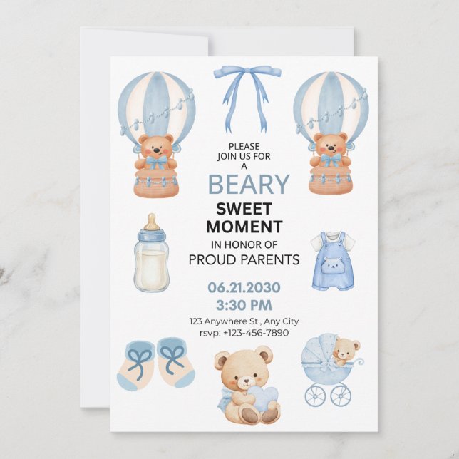 RESERVE A DATA AZUL CLARO BRANCO 5X7 URSO MENINO CHUVA DE BEBÊ (Frente)