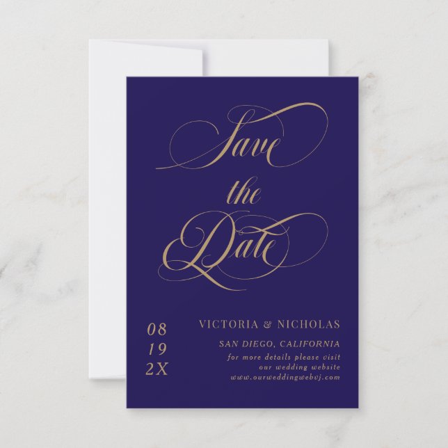 Reserve A Data Azul Cobalto Elegante Casamento Romântico (Frente)