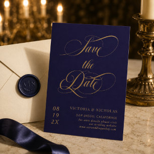 Reserve A Data Azul Cobalto Elegante Casamento Romântico