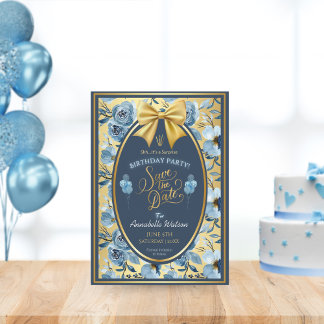 Reserve A Data Azul Dourado Elegante Surpresa Floral Plana