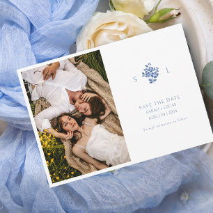 Reserve A Data Azul e Branco Floral Monograma Flat