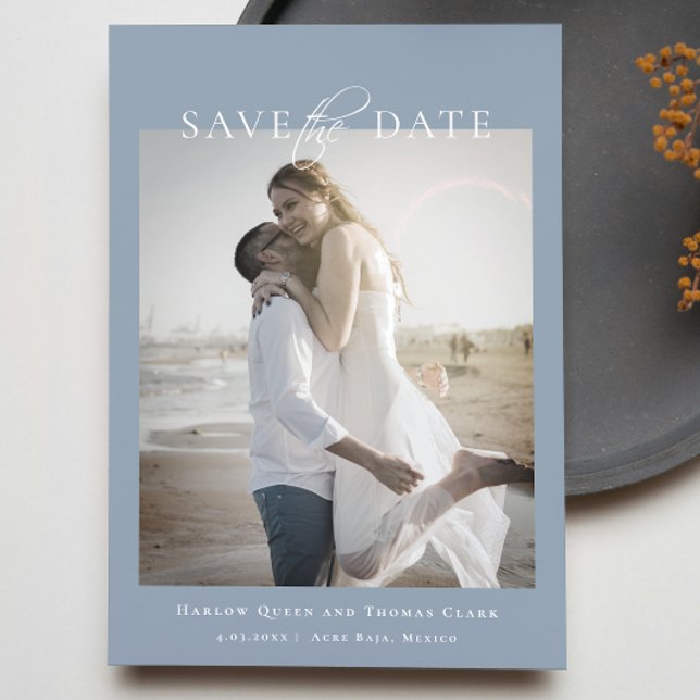 Reserve A Data Azul empoeirado de foto elegante moderno (Modern Elegant Photo Dusty Blue Save The Date)